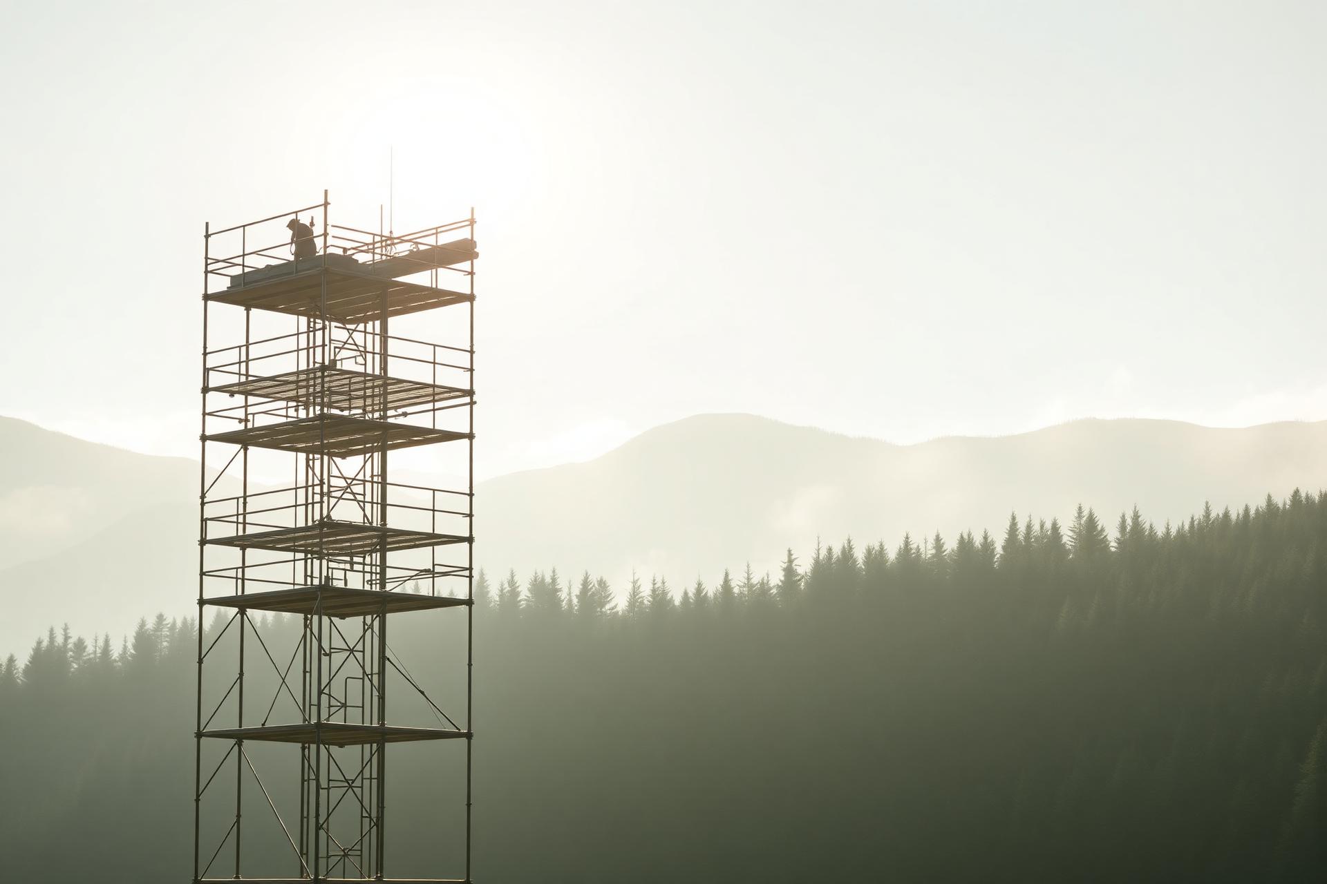 Høyt stillas i norsk natur med tåkete fjell i bakgrunnen
